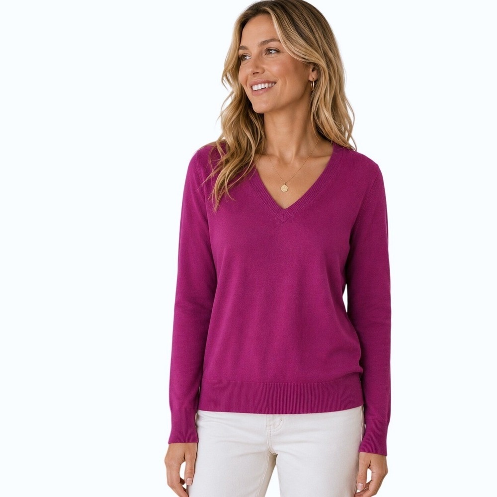 JCrew V-Neck Magenta Sweater Womens XL Cotton Preppy Coastal Minimalist Classic